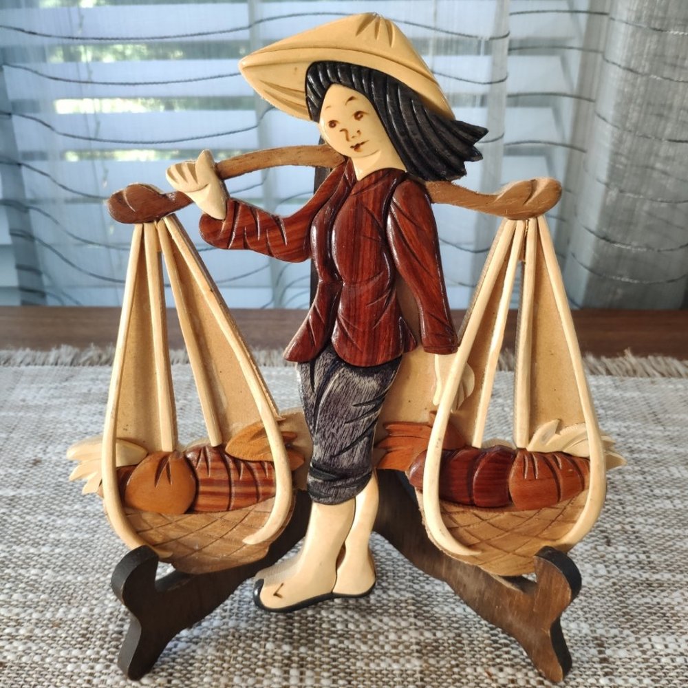 Wood Intarsia Mosaic Wooden Plaque Vintage Asian Wall hanging 8.5"